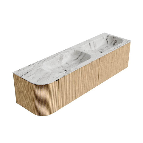 MONDIAZ KURVE-DLUX meuble de salle de bains 165 cm avec module 25 L couleur Chêne avec 2 tiroirs et 1 porte. Lavabo STOR SMALL double / à droite sans trou de robinet couleur Glace. SW1138003