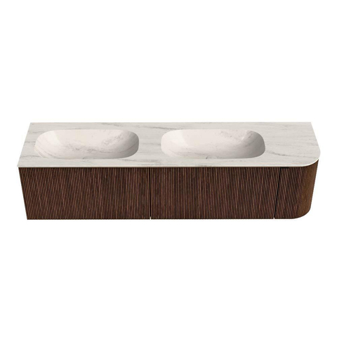 MONDIAZ KURVE-DLUX 175cm meuble de salle de bains arrondi Droite couleur Walnut avec 2 tiroirs et 1 porte. Lavabo STOR SMALL Double / Gauche 2 trous de robinet Meli. SW1431738