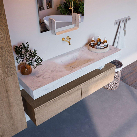 Mondiaz ALAN-DLUX Ensemble de meuble - 150cm - meuble Washed Oak mat - 2 tiroirs - Lavabo Cloud Opalo suspendu - vasque Centre - 0 trous de robinet SW808891