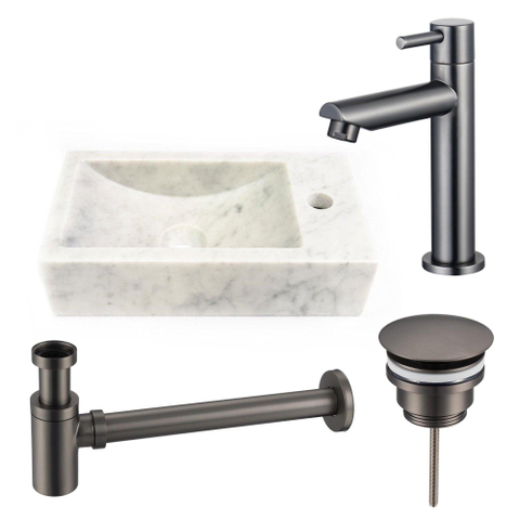 Saniclass Fuente pack lave-mains – rectangulaire – 40 x 22 x 10 cm – pierre naturelle blanche – robinet gunmetal SW1111498