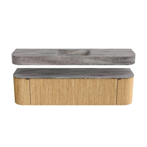 MONDIAZ THOR-DLUX 170cm badmeubel ronding links + rechts kleur Oak met 1 lade en 2 deuren. Vrijhangende wastafel CLOUD Midden 1 kraangat kleur Oza. SW1465673