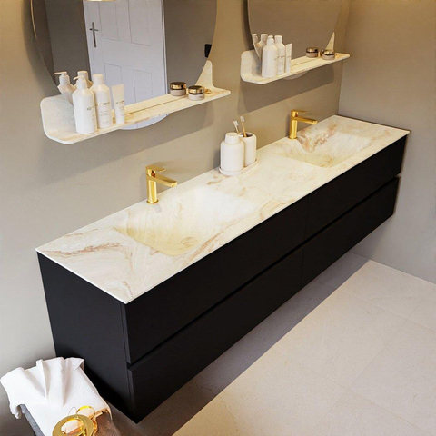 MONDIAZ VICA-DLUX Ensemble meuble de salle de bains - 200cm - meuble bas Urban - 4 tiroirs - lavabo encastré Cloud double - 2 trous de robinet - version haute 60cm - Frappe SW1088669