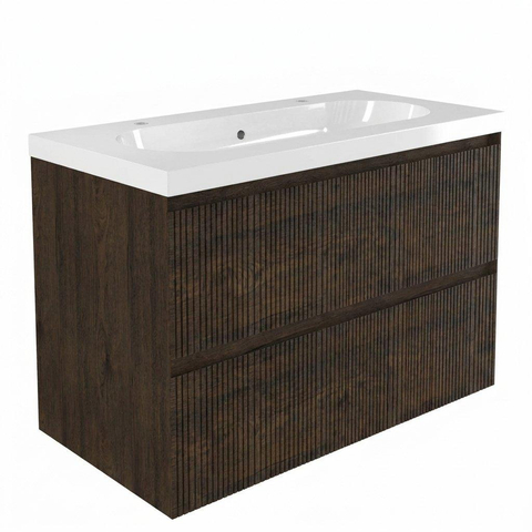 Saniclass Holz Atelier Ensemble meuble de salle de bains - 100x45x63.5cm - lavabo en céramique Palermo blanc - 1 vasque - 2 trous de robinetterie - 2 tiroirs - chêne charcoal mat (bois) SW1478621