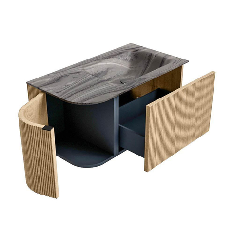 MONDIAZ KURVE-DLUX Meuble de salle de bains 85cm arrondi à gauche couleur Oak avec 1 tiroir et 1 porte. Lavabo CLOUD à droite 1 trou de robinet Sombra. SW1433536