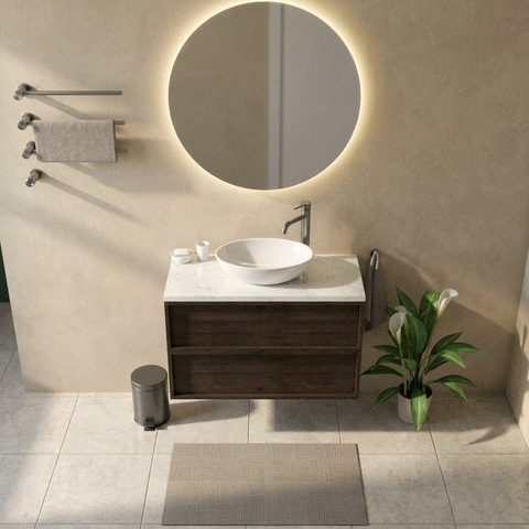 Saniclass Holz Frame Ensemble de meubles de salle de bains - 100x45x63cm - Plan vasque en marbre Dia poli (blanc) - 1 trou de robinetterie - 2 tiroirs - chêne charcoal mat (bois) SW1579961