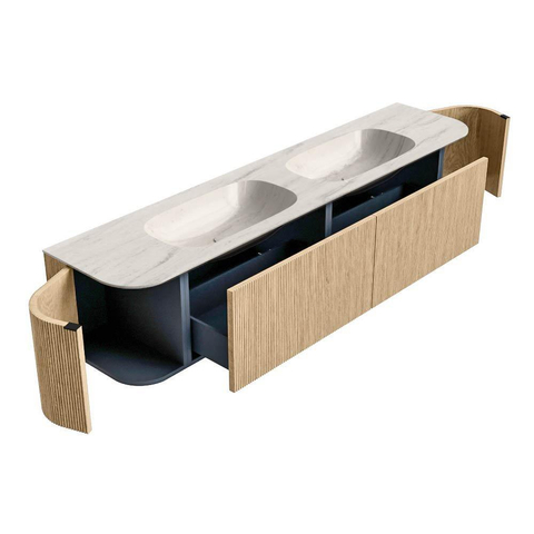 MONDIAZ KURVE-DLUX Meuble de salle de bains 200cm arrondi Gauche + Droite couleur Chêne avec 2 tiroirs et 2 portes. Lavabo STOR SMALL Double 2 trous de robinet Meli. SW1431666