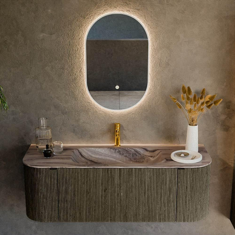 MONDIAZ KURVE-DLUX Meuble de salle de bains 130cm arrondi Gauche + Droite couleur Shadow avec 1 tiroir et 2 portes. Lavabo BIG SMALL Central 1 trou de robinet Sombra. SW1433753