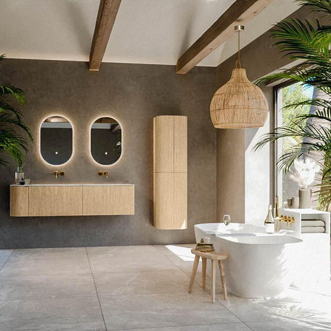 MONDIAZ KURVE-DLUX meuble de salle de bains 165 cm avec module 25 L couleur Oak avec 2 tiroirs et 1 porte. Lavabo STOR SMALL double / à droite sans trou de robinet couleur Frappe. SW1137463