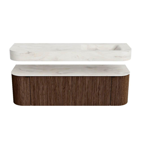 MONDIAZ THOR-DLUX 150cm meuble de salle de bains arrondi gauche + droite couleur Walnut avec 1 tiroir et 2 portes. Vasque suspendue CLOUD droite sans trou de robinet couleur Ostra. SW1464475