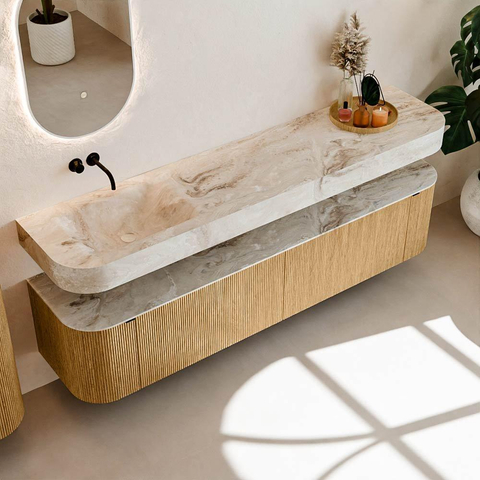 MONDIAZ THOR-DLUX 200cm meuble de salle de bains arrondi gauche + droite couleur Oak avec 2 tiroirs et 2 portes. Vasque suspendue CLOUD Gauche sans trou de robinet couleur Frappe. SW1466938