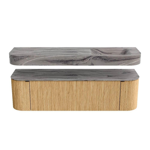MONDIAZ THOR-DLUX 160cm meuble de salle de bains arrondi gauche + droite couleur Oak avec 1 tiroir et 2 portes. Vasque suspendue CLOUD Droite 1 trou de robinet couleur Sombra. SW1465363