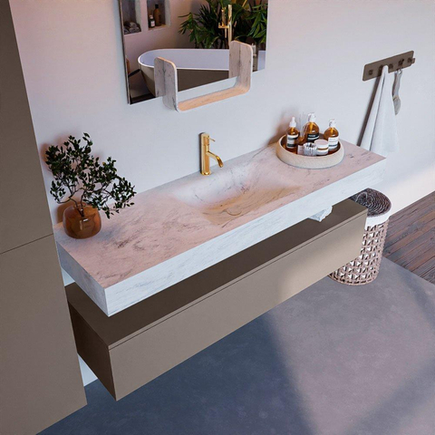 Mondiaz ALAN-DLUX Ensemble de meuble - 150cm - meuble Smoke mat - 1 tiroir - Lavabo Cloud Opalo suspendu - vasque Centre - 1 trou de robinet SW806469