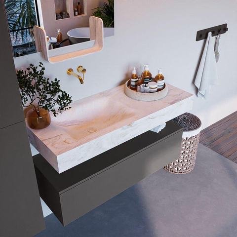 Mondiaz ALAN-DLUX Ensemble de meuble - 110cm - meuble Dark grey mat - 1 tiroir - Lavabo Cloud Ostra suspendu - vasque Gauche - 0 trous de robinet SW807000