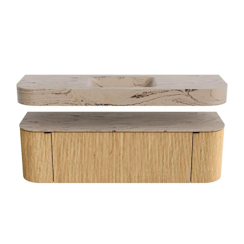 MONDIAZ THOR-DLUX 150cm badmeubel ronding links + rechts kleur Oak met 1 lade en 2 deuren. Vrijhangende wastafel CLOUD Midden zonder kraangat kleur Arena. SW1464700