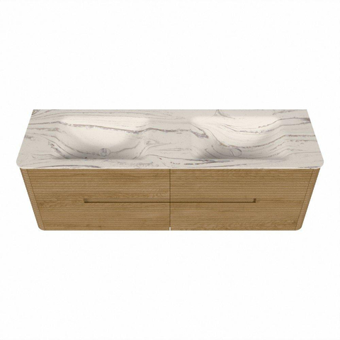 Mondiaz CIRO-DLUX Meuble de salle de bains set - 150x45x50cm - Plan-vasque solid surface Nata - 2 vasques double - sans trous de robinetterie - 4 tiroirs - Chêne SW1531508