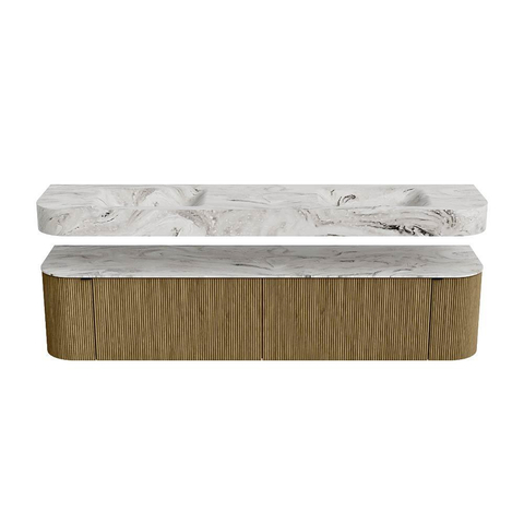 MONDIAZ THOR-DLUX 200cm meuble de salle de bains arrondi gauche + droite couleur Dusk avec 2 tiroirs et 2 portes. Vasque suspendue CLOUD Double 2 trous de robinet couleur Glace. SW1466839