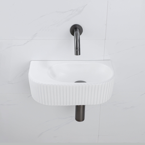 QeramiQ Fuente pack lave-mains – demi-rond – 40 x 21,5 x 12 cm – céramique blanc mat – robinet gunmetal – cannelé SW1233119