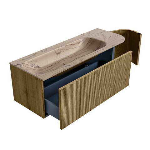 MONDIAZ KURVE-DLUX Meuble de salle de bains 125cm arrondi à droite couleur Dusk avec 1 tiroir et 1 porte. Lavabo BIG MEDIUM gauche 1 trou de robinet Arena. SW1431374