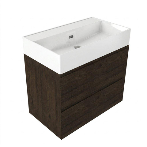 Saniclass Holz Pure Ensemble de meubles de salle de bains - 80x45x72cm - vasque Legend en céramique blanche - 1 vasque - sans trou de robinet - 2 tiroirs - chêne charcoal mat (bois) SW1478468