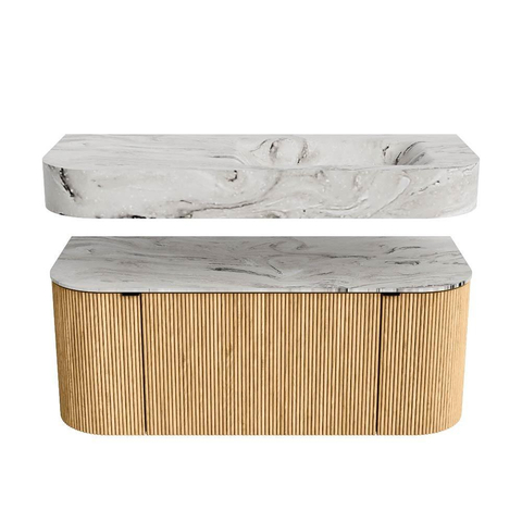 MONDIAZ THOR-DLUX Meuble de salle de bains 110cm arrondi gauche + droite couleur Oak avec 1 tiroir et 2 portes. Vasque suspendue CLOUD Droite 1 trou de robinet couleur Glace. SW1462739