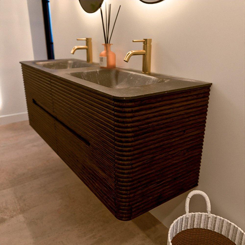 Mondiaz CIRO-DLUX Badkamermeubelset - 140x45x50cm - Solid surface wastafel Lava - 2 wasbak Dubbel - 2 kraangaten - 4 lades - Walnut SW1530201