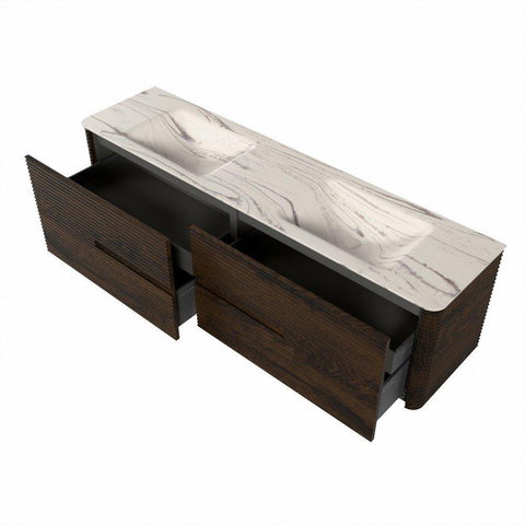 Mondiaz CIRO-DLUX Badkamermeubelset - 180x45x50cm - Solid surface wastafel Nata - 2 wasbak Dubbel - 2 kraangaten - 4 lades - Walnut SW1530580
