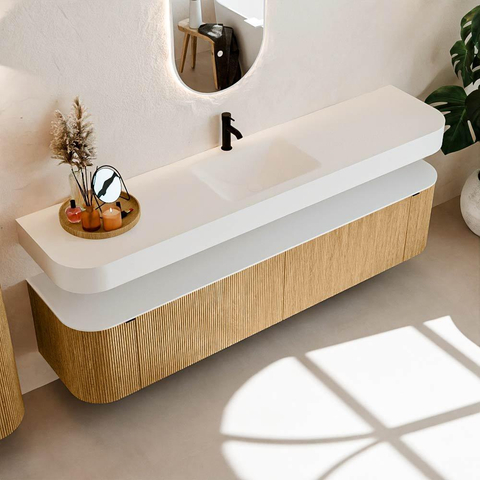 MONDIAZ THOR 200cm meuble de salle de bains arrondi gauche + droite couleur Oak avec 2 tiroirs et 2 portes. Vasque suspendue CLOUD Milieu 1 trou de robinet couleur Talc. SW1466932