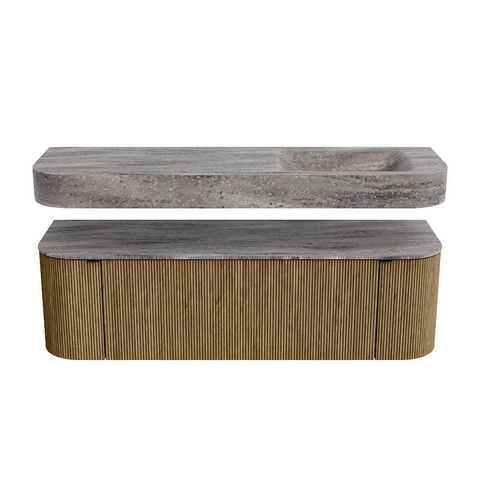 MONDIAZ THOR-DLUX 150cm meuble de salle de bains arrondi gauche + droite couleur Dusk avec 1 tiroir et 2 portes. Vasque suspendue CLOUD Droite sans trou de robinet couleur Oza. SW1464826