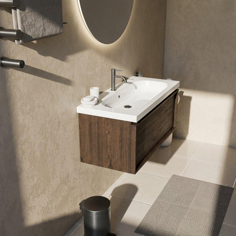 Saniclass Holz Frame Ensemble meuble de salle de bains - 100x45x43.5cm - Palermo lavabo en céramique blanc - 1 vasque - 1 trou de robinetterie - 1 tiroir - chêne charcoal mat (bois) SW1478620