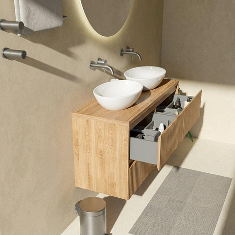 Saniclass Holz Atelier Badkamermeubelset - 120x45x63cm - Noche basalten wastafelblad gepolijst - 1 wasbak - zonder kraangat - 2 lades - mat eiken natural (hout) SW1478568