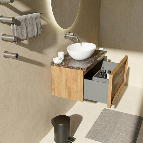 Saniclass Holz Frame Badkamermeubelset - 80x45x43cm - Noche natuurstenen topblad dark emperador - zonder kraangat - 1 lade - mat eiken natural (hout) SW1478257