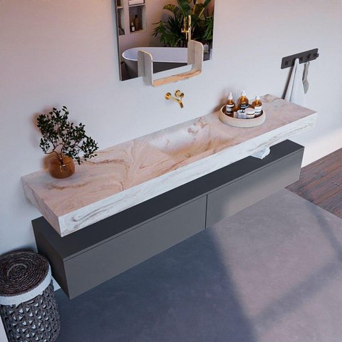 Mondiaz ALAN-DLUX Ensemble de meuble - 200cm - meuble Plata mat - 2 tiroirs - Lavabo Cloud Frappe suspendu - vasque Centre - 0 trous de robinet SW805288