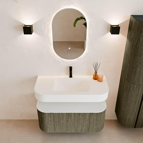 MONDIAZ THOR 100cm meuble de salle de bains arrondi gauche + droite couleur Shadow avec 1 tiroir et 2 portes. Vasque suspendue CLOUD Milieu 1 trou de robinet couleur Talc. SW1467430