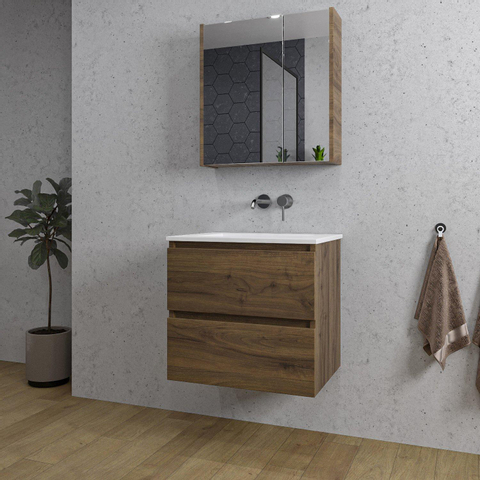 Saniclass Chaci Meuble de salle de bain - 60x46x55cm - lavabo en céramique blanc - 1 vasque - sans trou de robinet - 2 tiroirs - armoire miroir - noyer (hout) SW856541