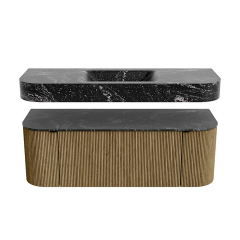 MONDIAZ THOR-DLUX 130cm meuble de salle de bains arrondi gauche + droite couleur Dusk avec 1 tiroir et 2 portes. Vasque suspendue CLOUD Milieu 1 trou de robinet couleur Lava. SW1463652