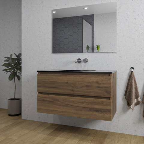 Saniclass Chaci Meuble de salle de bain - 100x46x55cm - lavabo en céramique noir - 1 vasque - sans trous de robinet - 2 tiroirs - miroir rectangulaire - noyer (hout) SW816571