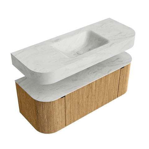 MONDIAZ THOR-DLUX 120cm badmeubel ronding links + rechts kleur Oak met 1 lade en 2 deuren. Vrijhangende wastafel CLOUD Midden 1 kraangat kleur Opalo. SW1463104