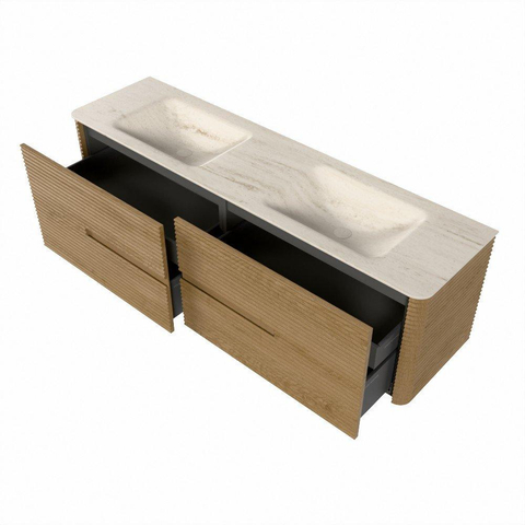 Mondiaz CIRO-DLUX Meuble de salle de bains - 170x45x50cm - Plan vasque Solid surface Meli - 2 vasques Double - 2 trous de robinetterie - 4 tiroirs - Chêne SW1531416