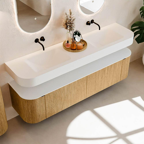 MONDIAZ THOR 180cm meuble de salle de bains arrondi gauche + droite couleur Oak avec 2 tiroirs et 2 portes. Vasque suspendue CLOUD Double sans trou de robinet couleur Talc. SW1465890