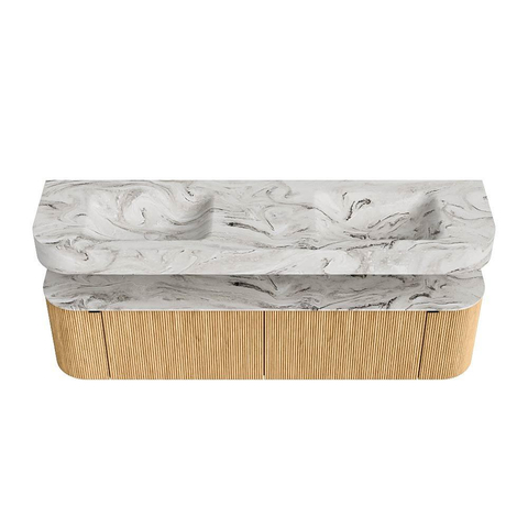 MONDIAZ THOR-DLUX 180cm meuble de salle de bains arrondi gauche + droite couleur Oak avec 2 tiroirs et 2 portes. Vasque suspendue CLOUD Double sans trou de robinet couleur Glace. SW1465886