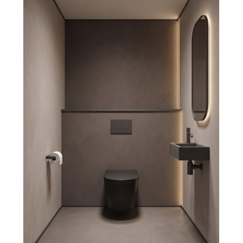 QeramiQ Dely Pack WC cuvette sans bride 36.3x51.7cm avec bâti-support Geberit UP320 abattant WC noir mat frein de chute et plaque de commande Noir mat boutons Ronds SW804618