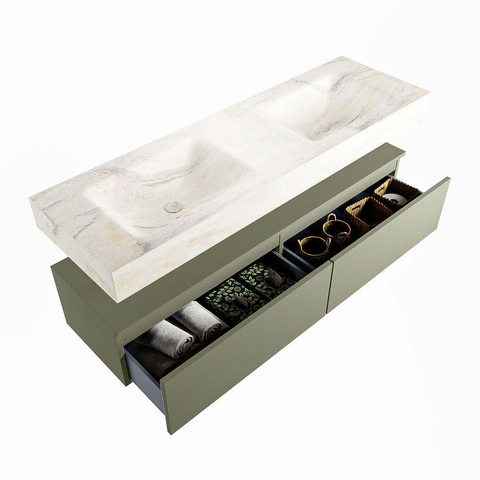 Mondiaz ALAN-DLUX Ensemble de meuble - 150cm - meuble Army mat - 2 tiroirs - Lavabo Cloud Ostra suspendu - vasque Gauche et droite - 0 trous de robinet SW807674
