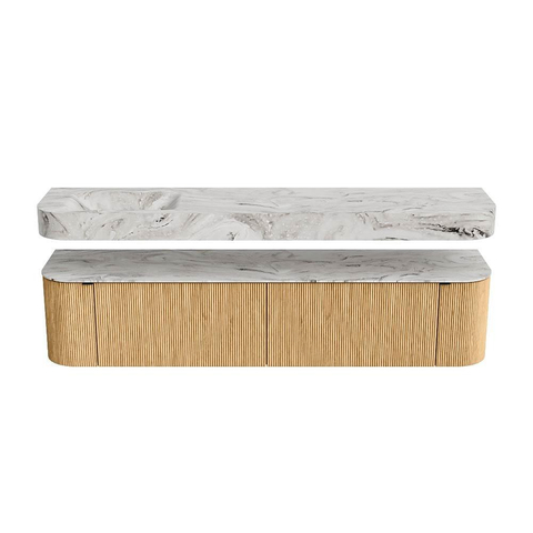 MONDIAZ THOR-DLUX 200cm meuble de salle de bains arrondi gauche + droite couleur Chêne avec 2 tiroirs et 2 portes. Vasque suspendue CLOUD Gauche sans trou de robinet couleur Glace. SW1466931