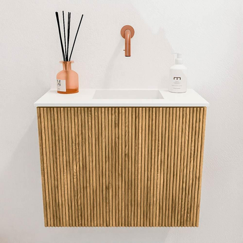 Mondiaz JOYA 50cm toiletmeubel - kleur Oak - Wastafel FAYE positie Rechts Zonder kraangat kleur Talc. SW1421099