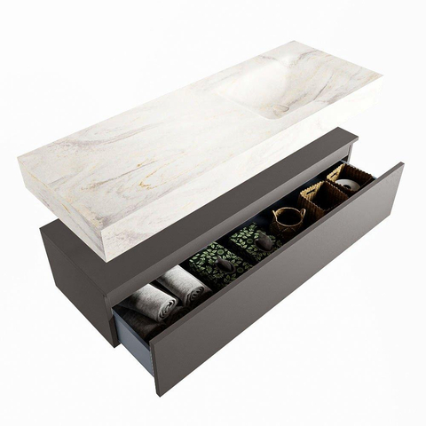 Mondiaz ALAN-DLUX Ensemble de meuble - 130cm - meuble Dark grey mat - 1 tiroir - Lavabo Cloud Ostra suspendu - vasque Droite - 1 trou de robinet SW807303