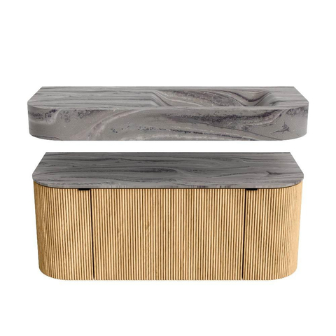 MONDIAZ THOR-DLUX 110cm meuble de salle de bains arrondi gauche + droite couleur Oak avec 1 tiroir et 2 portes. Vasque suspendue CLOUD Droite 1 trou de robinet couleur Sombra. SW1463040