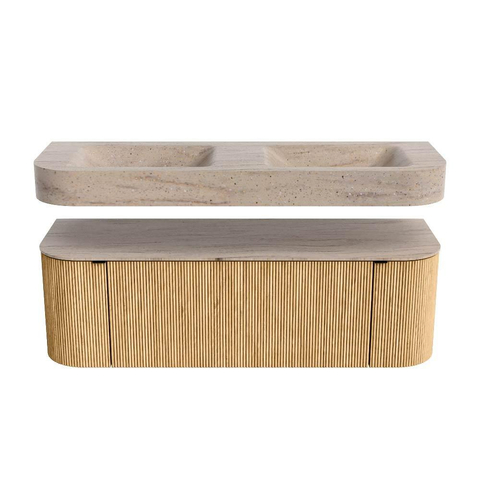 MONDIAZ THOR-DLUX 140cm badmeubel ronding links + rechts kleur Oak met 1 lade en 2 deuren. Vrijhangende wastafel CLOUD Dubbel 2 kraangaten kleur Saba. SW1464305