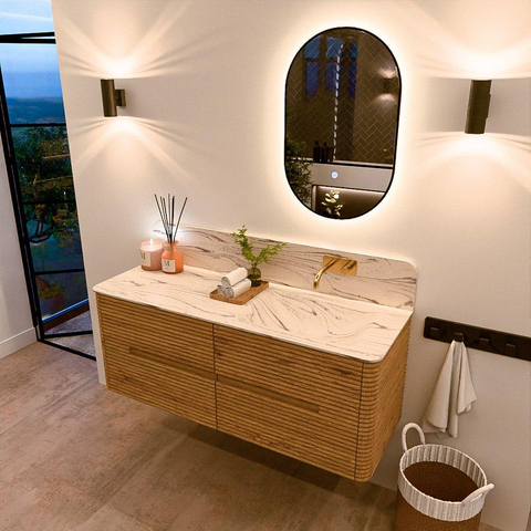 Mondiaz CIRO-DLUX Badkamermeubelset - 130x45x50cm - Solid surface wastafel Nata - 1 wasbak Rechts - zonder kraangaten - 4 lades - Oak SW1531456