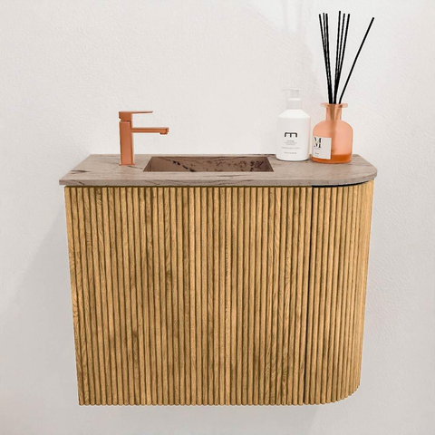 Mondiaz JOYA-DLUX 51.6cm toiletmeubel - ronding rechts kleur Oak - Wastafel FAYE positie Links 1 kraangat kleur Arena. SW1423859