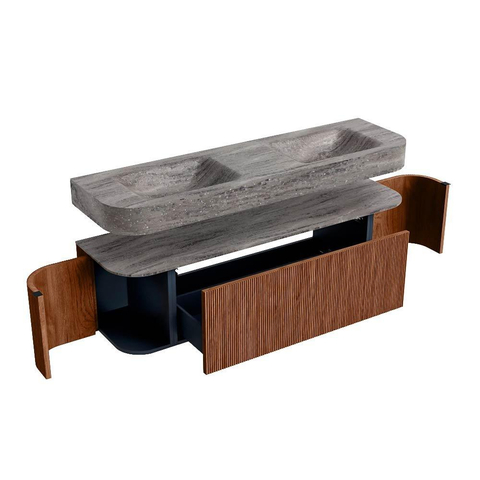MONDIAZ THOR-DLUX 160cm meuble de salle de bains arrondi gauche + droite couleur Ruby avec 1 tiroir et 2 portes. Vasque suspendue CLOUD Double 2 trous de robinet couleur Oza. SW1465320